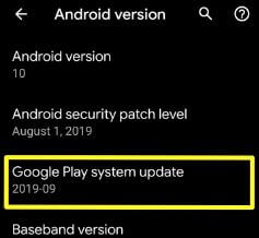 Configuración de actualización del sistema de Google Play Android Q Beta 6