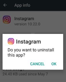 Desinstale la aplicación de Instagram para corregir un error desconocido