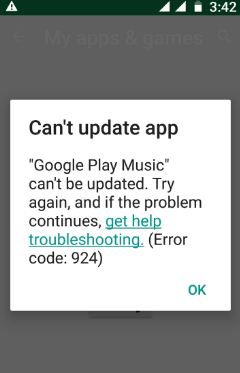 Corregir el código de error 924 de Google Play Store: no se puede actualizar la aplicación