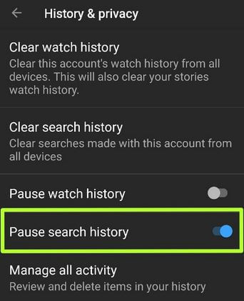 Pausar el historial de búsqueda en YouTube Android