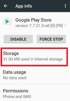 toque el almacenamiento en la aplicación Google Play Store