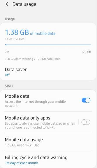 Cómo verificar datos móviles en Galaxy A50