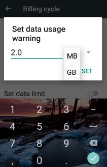 establecer advertencia de uso de datos en el dispositivo Samsung galaxy S8